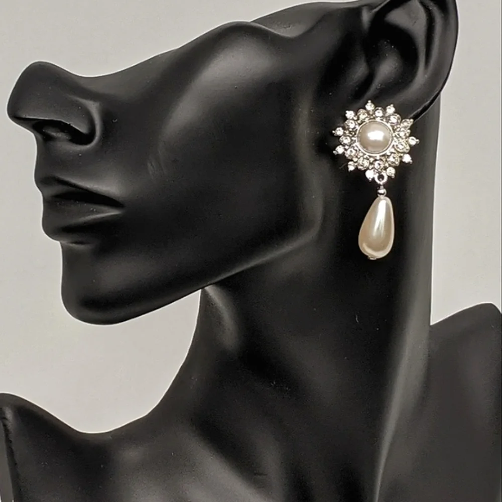ERWIN PEARL Vintage Rhinestone Sunburst Faux Pearl Teardrop Drop Earrings - Picture 2 of 6